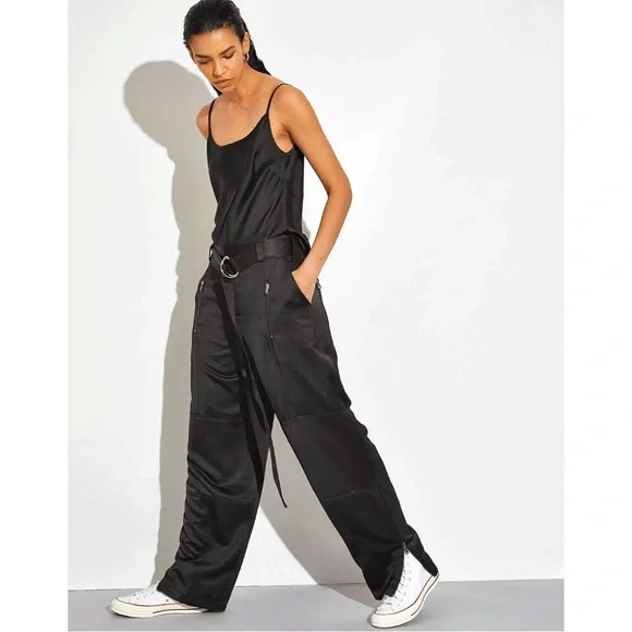 Saint Art Courtney Mid Rise Charmeuse Pant - Black Loose Fit Satin Cargo Pants - Picture 11 of 14